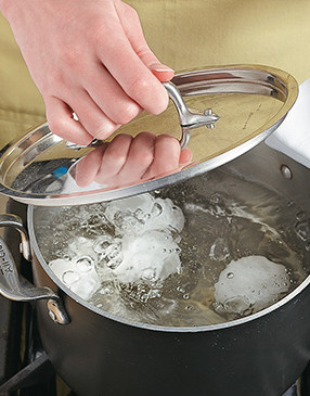 For perfect hard-cooked eggs, bring eggs and water to a boil, shut off heat, cover, and wait 12 minutes.
