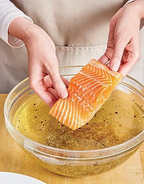 Brine salmon fillets briefly to impart flavor and keep the fish juicy without causing it to get mushy.
