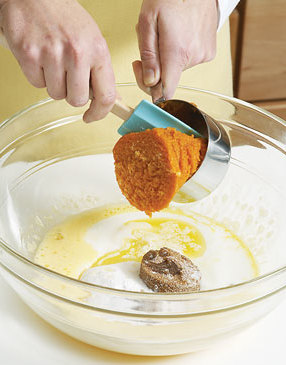 For the best texture, whisk the egg and yolk together until frothy, before adding the pumpkin and other ingredients.