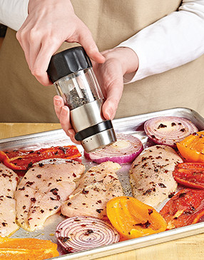 For the best flavor, season the marinated chicken and vegetables just before grilling them.