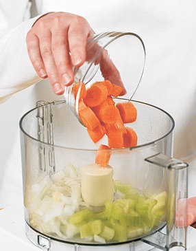 Start with chopped vegetables, then mince them in a food processor.