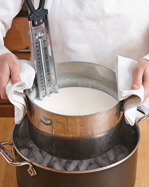 Cooling milk in an ice bath for making yogurt at home