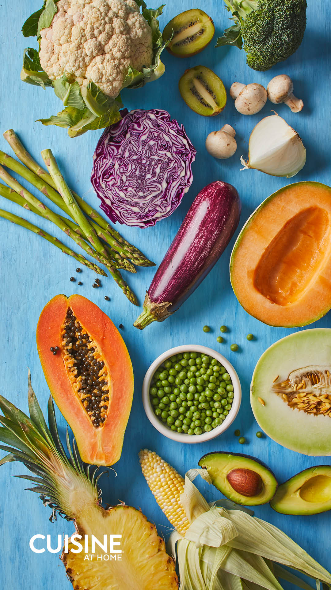Free Mobile Wallpaper - June 2021 - Cuisine at Home - Summer fruit vegetables eggplant papaya colorful cooking food aesthetic
