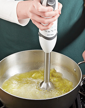 For a smooth-textured soup, cook leeks and broccoli stems until very tender, then purée them.