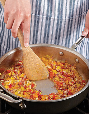 To avoid a watery mix, season the vegetables with salt and sauté until excess juice evaporates.
