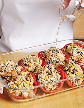 To create steam for moist and tender peppers, add water to the bottom of the dish before baking. 