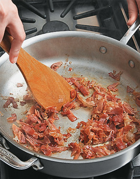To bring out the flavor of the prosciutto, saut&eacute; it until it becomes dark pink and slightly crisp.