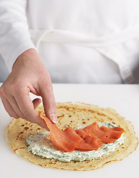 Spread 2 Tbsp. cheese filling over one half of each crêpe. An offset spatula works well for doing this. Top crêpe with salmon.