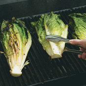 Grill the romaine halves, cut sides down, until the edges begin to char. Turn romaine and grill the other sides. 