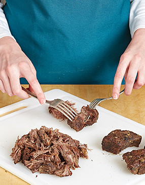 Allow the short ribs to cool slightly, then remove meat from bones and shred using two forks.