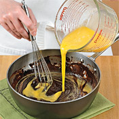 Whisk eggs into the chocolate mixture. Don't overmix or air holes will form in the torte.