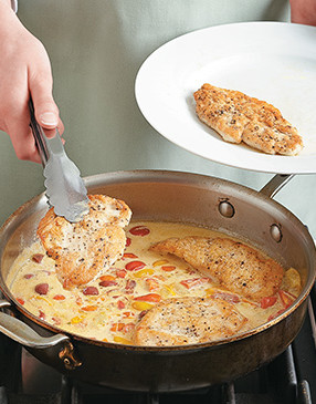 So the cutlets can soak up the flavors of the sauce, return them to the pan just before serving.