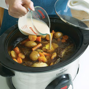 Before adding the flour, be sure the liquid in the slow cooker is simmering; that way the sauce with thicken properly. 
