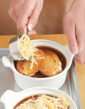 Float enough baguette slices on each bowl of soup so the cheese has a large platform to rest on.