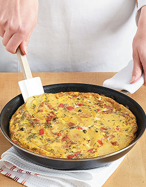 To transfer the tortilla to a serving plate, slide a spatula under the edge to loosen. It should slide right out.