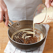 After heating brown sugar, butter, corn syrup, and espresso powder to form caramel, whisk in the cream mixture.
