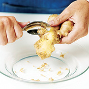 Use the edge of a spoon to skin a knob of fresh ginger. It works better than a vegetable peeler.