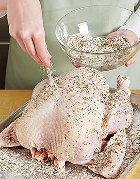 For the best flavor, sprinkle and rub the dry brine over the entire surface of the turkey and inside the cavity.