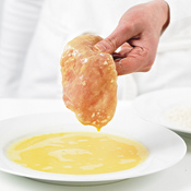 Dredge each cutlet in flour, then dip in egg, shaking off excess. Press panko mixture onto cutlets until well coated.