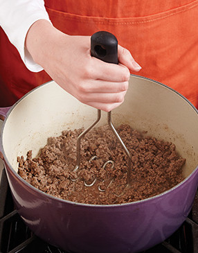 For an evenly textured sauce, use a potato masher to crush the sirloin into small pieces as it cooks.