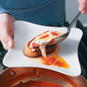 Spoon warm mozzarella over the toasted bread in a shallow bowl, which will keep the broth around the bread.