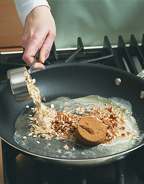 Cook the pecan-oat mixture over medium heat — too hot and the nuts and sugar will burn.