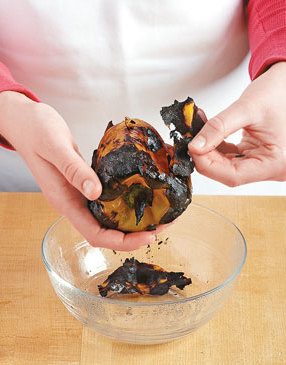 Char and steam the bell pepper to add smoky flavor, then peel off the blistered skin.
