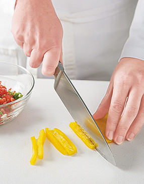 Slice bell pepper into strips, then dice. Pico de gallo can be made up to one day ahead and refrigerated.