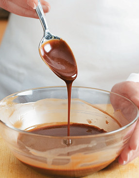 The ganache starts out thin, but will thicken to a more spreadable consistency once cooled.