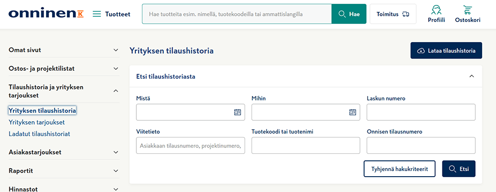 Kuvabanneri - Uutta verkkokaupassa -sivulle - Tilaushistoria Exceliin