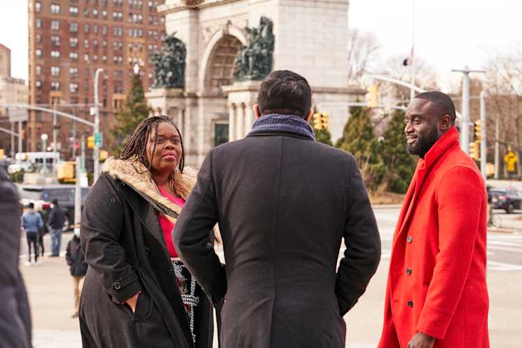 Andrew Yang speaks with voters in Washington Square Park