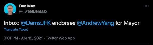 Tweet of JFK Dems endorsement of Andrew Yang