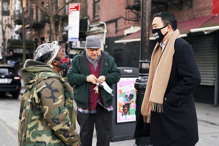Andrew Yang discusses the affordability of New York with voters on the streets of NYC during his campaign for mayor