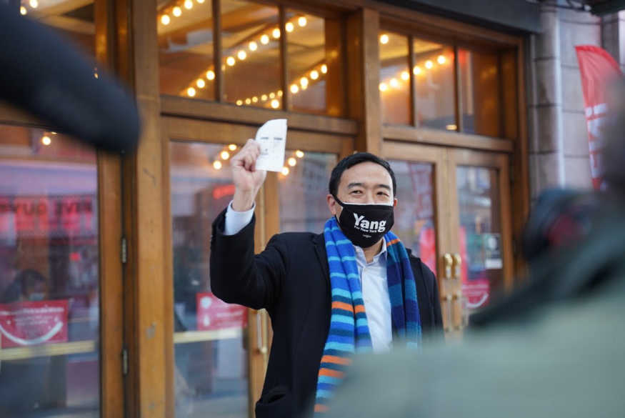 Andrew Yang shows off tickets to “Boogie” on the first day of NYC theater reopening.
