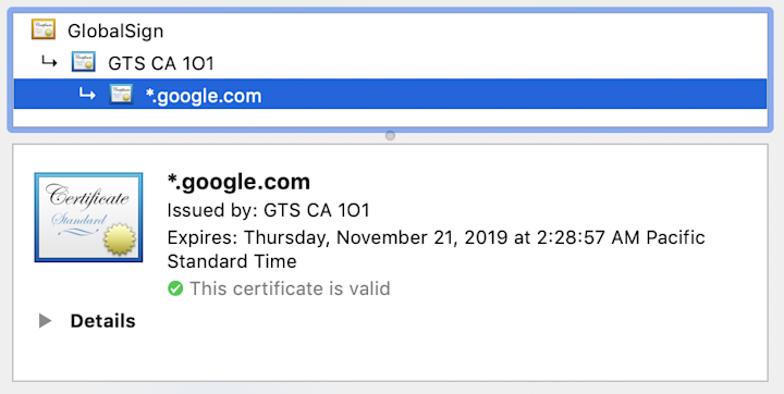 Google’s key is trusted by GlobalSign, which my computer trusts as a root CA. Check yourself by visiting Google.com and clicking the lock icon in the URL bar.