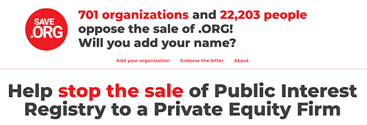 ICANN has yet to stop the sale of .ORG despite significant public protest.