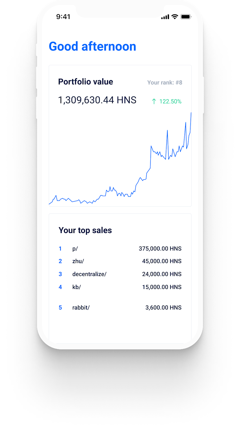iPhone with the Namebase website open, displaying an NFT portfolio with return on investment of 122%