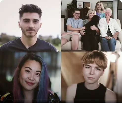 四張照片組成的拼貼:Josh Cavallo 望向鏡頭,淺淺微笑。Jesse(代名詞:他們/她們)與家人。多元倡議者 Akii Ngo(代名詞:他們/她們)微微側頭,朝鏡頭展露笑容。歌手 Finn(代名詞:他們/她們)面對鏡頭。