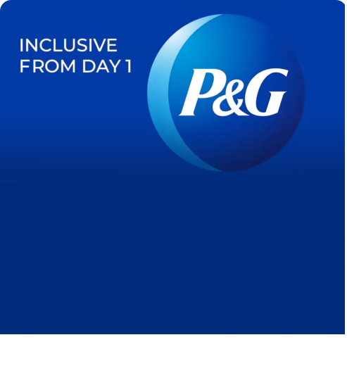 藍色背景上的「從第一天開始就包容」與 P&G 標誌