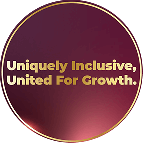 紫色背景搭配金色字樣:Uniquely Inclusive, United For Growth(獨特包容,團結成長)。