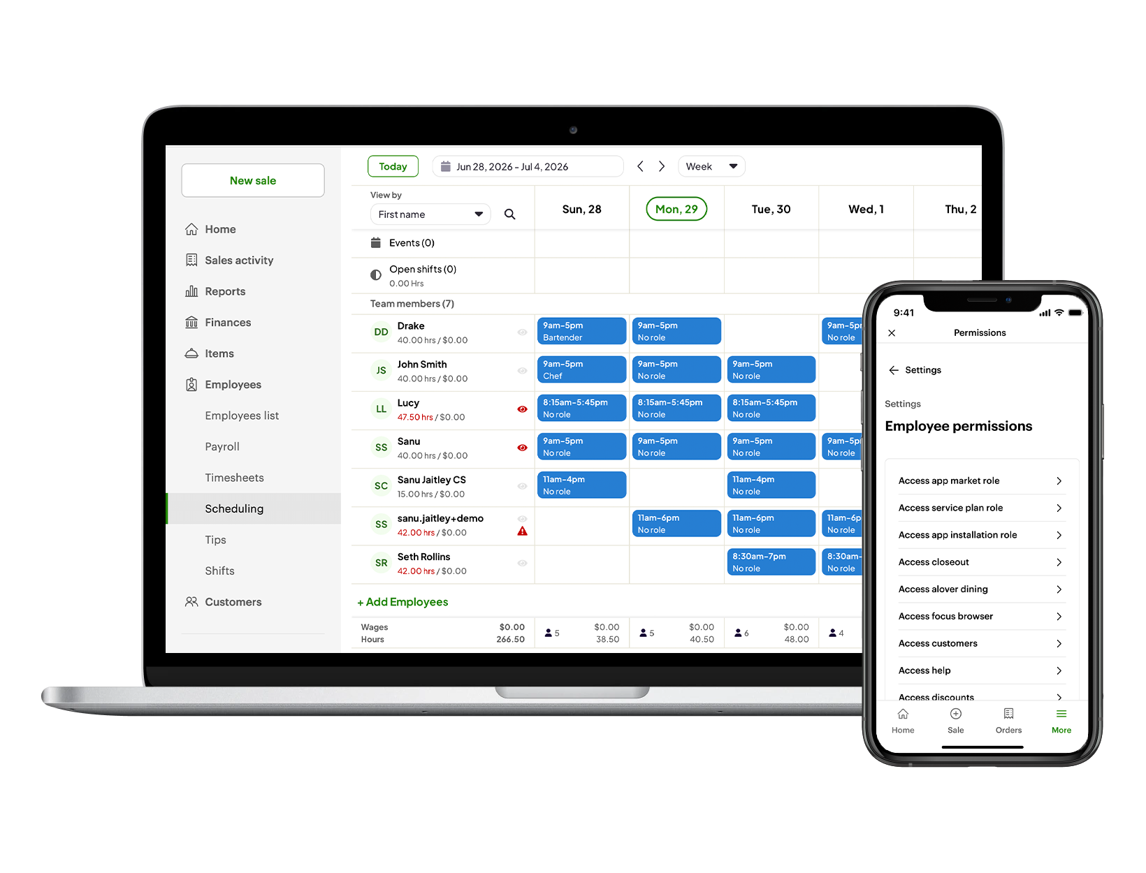 Laptop and mobile screens displaying 'Employee management - permissions' screen.