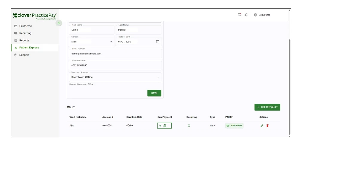 On Clover PracticePay screen, select Patient Express to see patient's information.