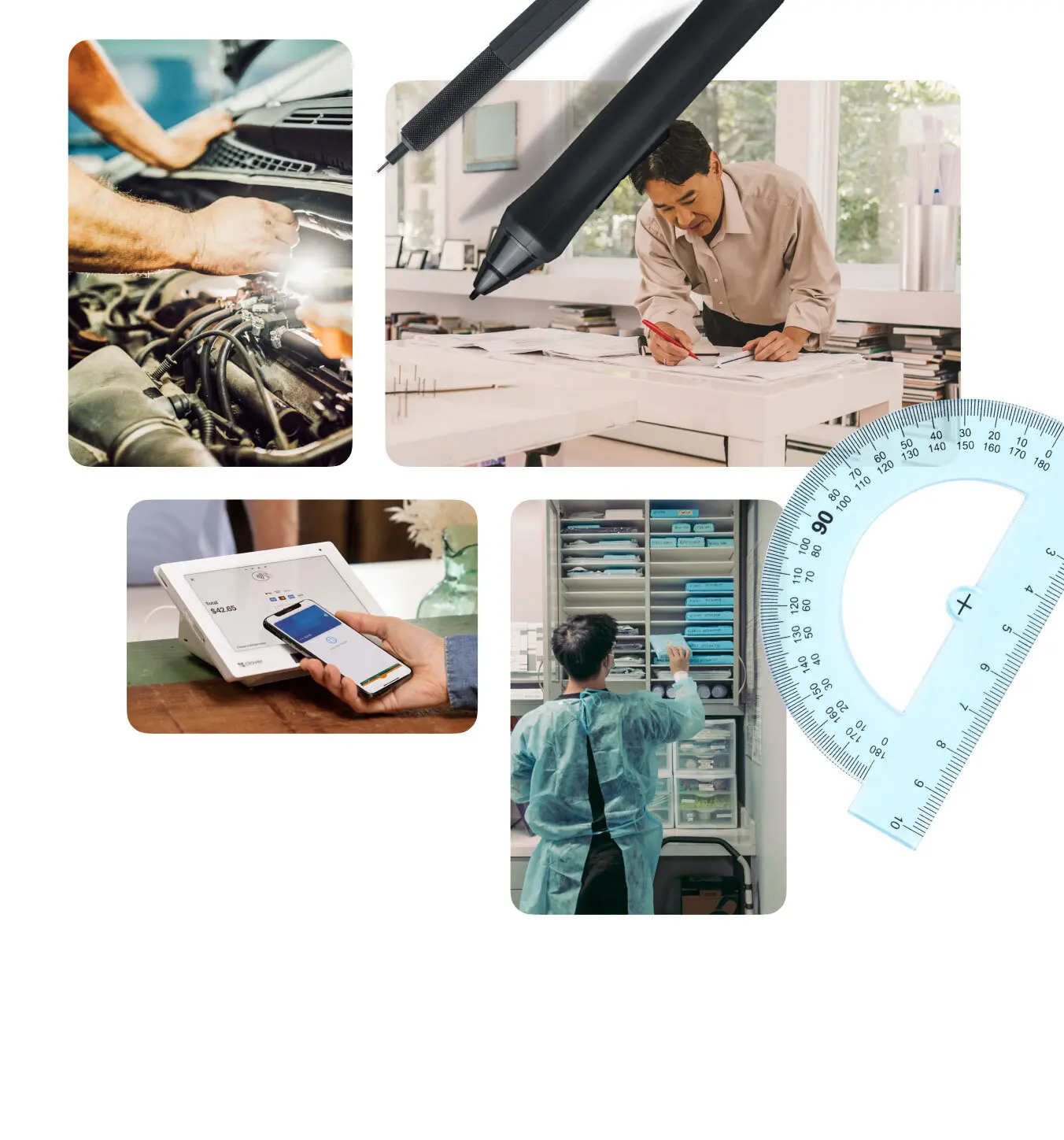 Collage of images from professional service businesses, including an architect, auto mechanic, medical office, and a customer using tap to pay on a clover mini