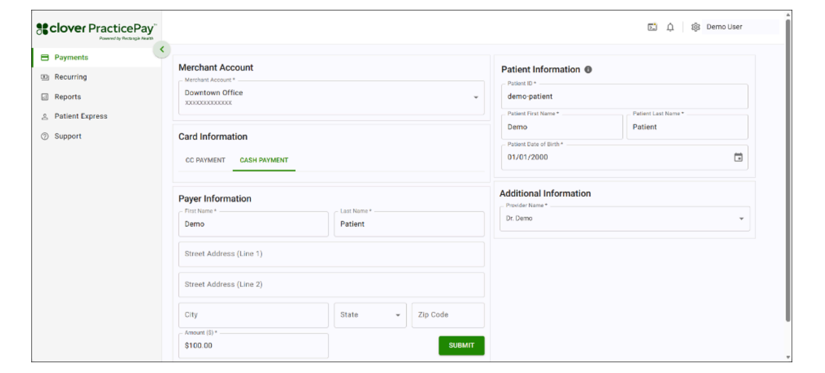 Clover practice pay merchant info, patient info, card info, additional info, payer info form.