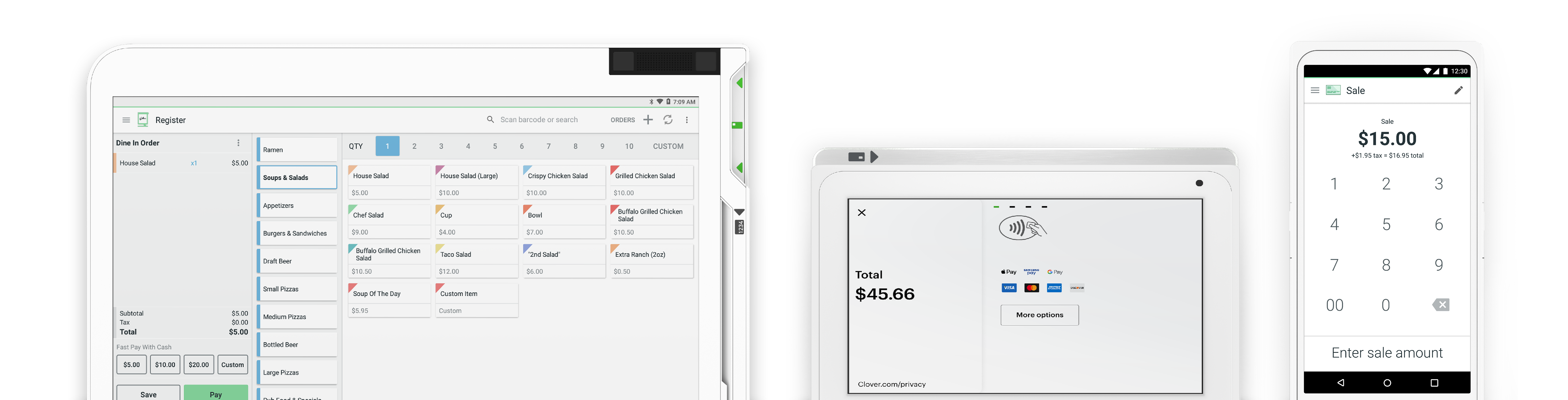 Solo, Mini and Flex devices displaying the order and sale details on screen