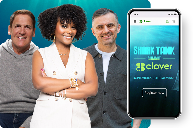 Clover Shark Tank collage image featuring, Tabitha Brown, Mark Cuban and Gary Vaynerchuk.