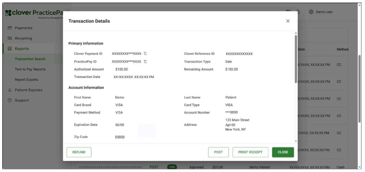 Transaction details pop up screen, where user has choose option for refund, post, print receipt and close the pop up screen.