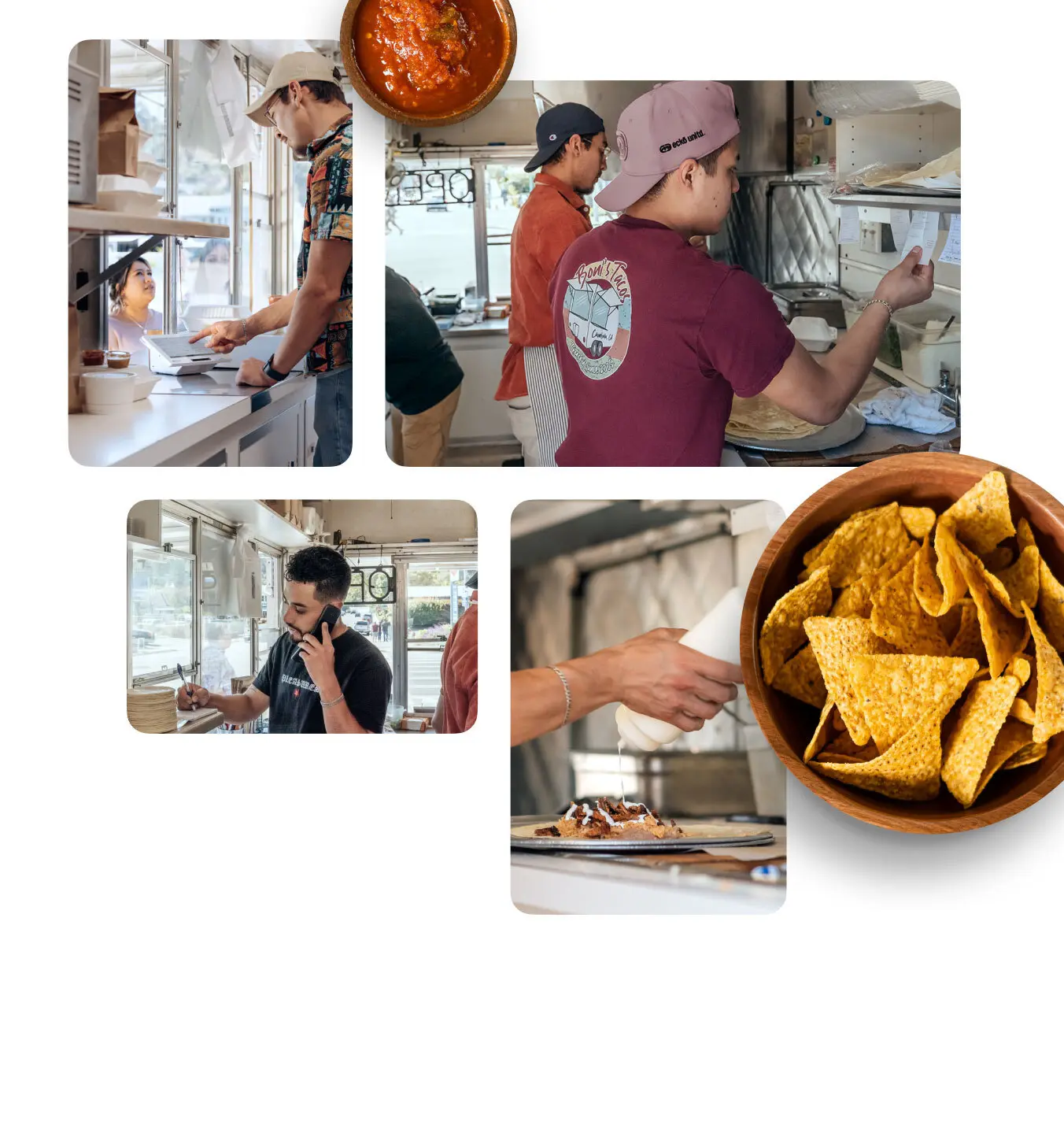 Collection of images from a taco truck, including the merchant taking a payment on a Clover Mini, workers preparing orders in the truck, and a worker taking an order over the phone.