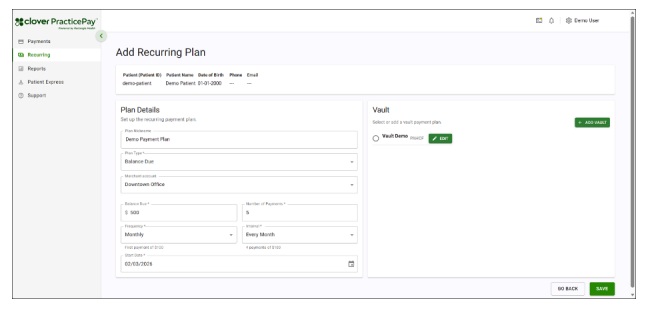 Image shows a recurring payment plan creation screen