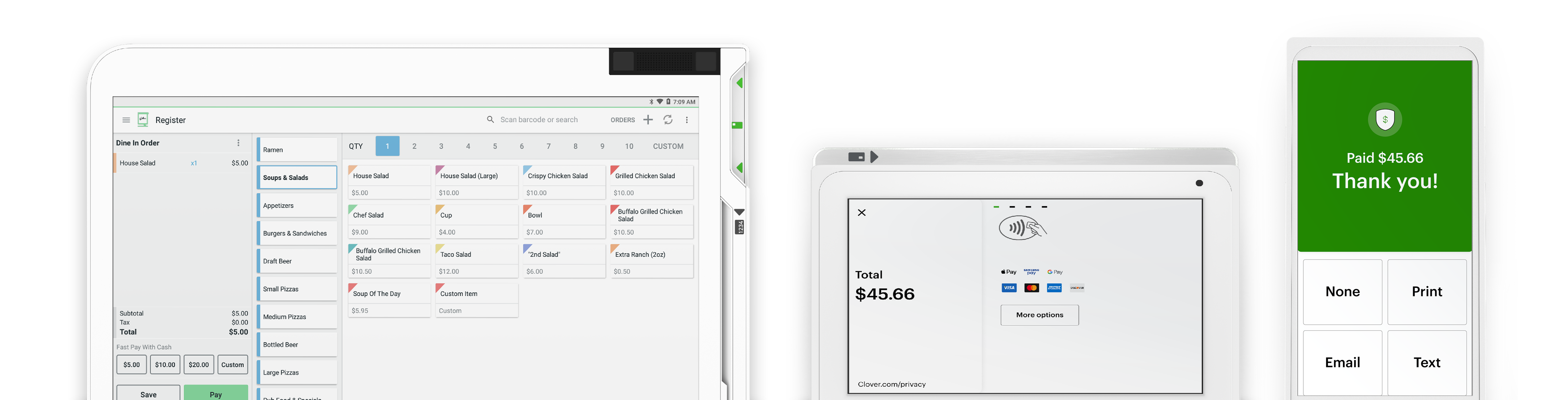 Solo, Mini and Flex devices displaying the order and sale details on screen